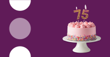 Purple banner with a cake that has 75 on top
